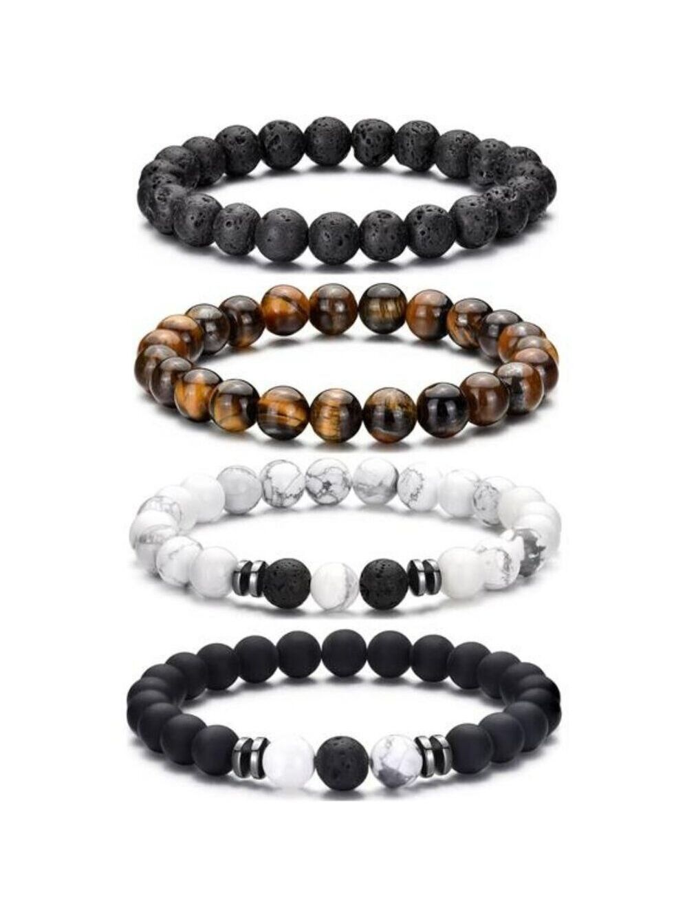 Tiger Eye Beaded Bracelet Men Natural Stone Adjustable Stretch Black Crystal